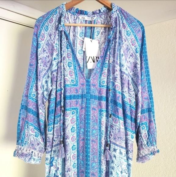 Zara * Printed Blue Maxi Midi Flowy Boho Dress - Picture 9 of 12
